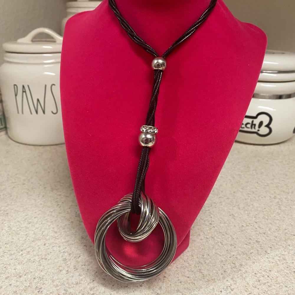 Orion London Silver & Black Statement Necklace | Faux Leather Multi Ring Pendant